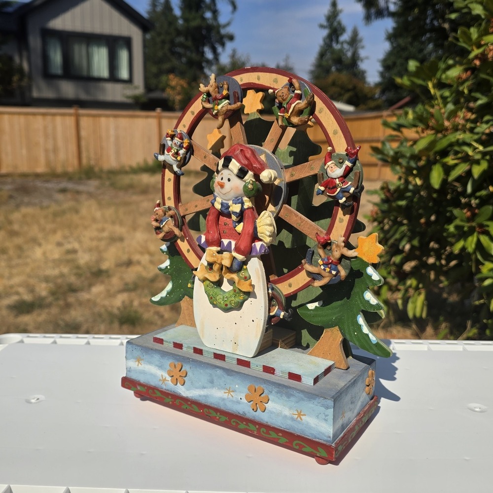 Wood Christmas Ferris Wheel Music Box Animated Snowman Reindeer - Picture 2 of 6